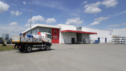 Brenntag in Poland External view of Oil & Gas research center in Poznań Jankowice with branded service truck