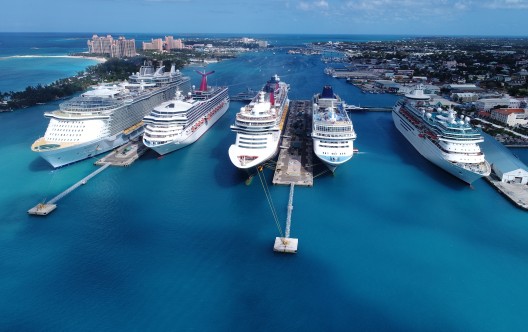 High angle view of cruise ships moored in sea