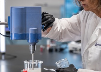 Brenntag Personal Care expert mixing the ingredients of the new formulation of a customer's product, Allentown, USA