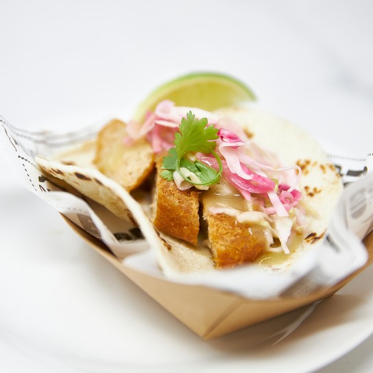 Vegan chicken taco prepared on display, Allentown, USA