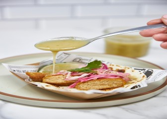Vegan chicken taco being prepared on display, Allentown, USA