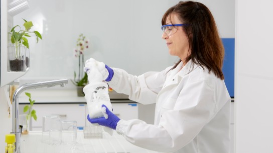 Woman smiling while washing a lab glass in the laboratory, testing a cleaning product for industrial usage.