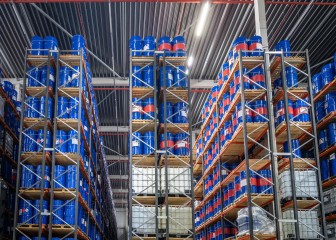 Shelf wall of IBCs and drums at a Brenntag site in Rotterdam, The Netherlands
