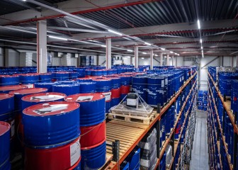 High-bay warehouse shelf of drums at the Brenntag site in Rotterdam, The Netherlands