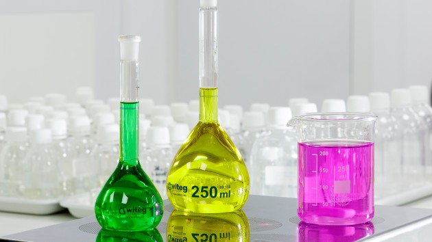 Laboratory tubes with different colored liquids