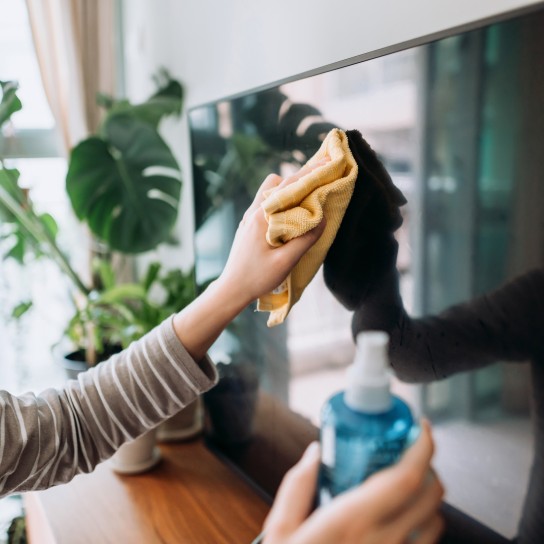 Cropped shot of a young woman cleaning the surface of a TV with cleaning spray and antistatic cloth at home during the day
GettyImages-1212388937.jpg
