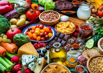 Food backgrounds: table filled with large variety of food