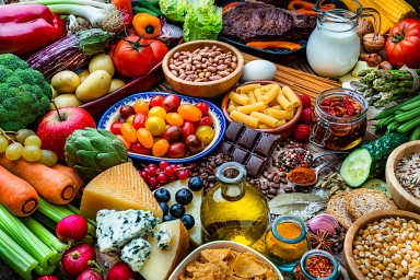 Food backgrounds: table filled with large variety of food