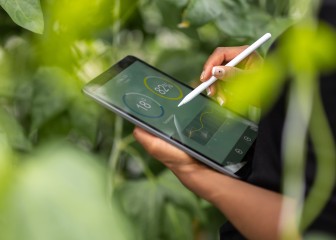 Cropped shot of a woman agronomist using digital tablet for analysis of plantation. Woman updating plants growth on digital tablet app in garden center.