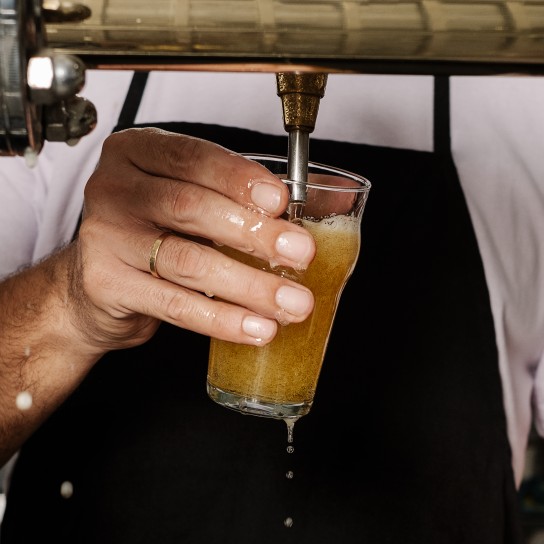 barman in black apron serving beer in a bar. barman filling the beer from the tap in the bar.