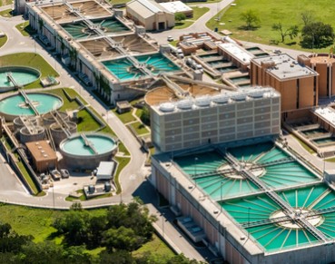 water treatment plant, wastewater bacterial, aeration, sedimentation purification, aerial view