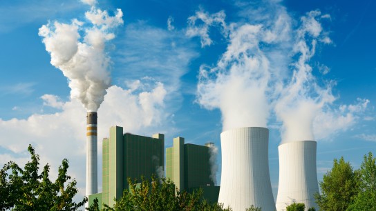Lignite-fired power plant pushes exhaust gases into the blue sky, Schkopau power plant, Saxony-Anhalt, Germany