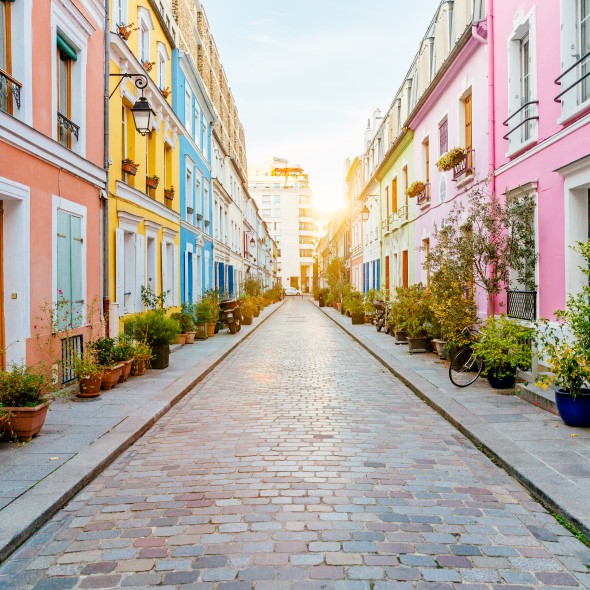 Multicolored vibrant street Rue Cremieux at sunrise in Paris, France