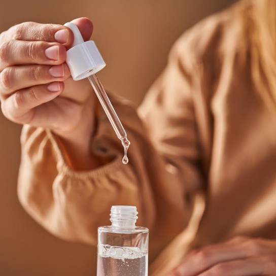 A girl in a beige dress holds a pipette with a drop of serum in her hands. Horizontal.