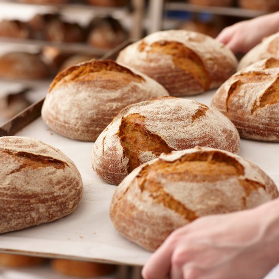 Chef carrying tray of bread in kitchen