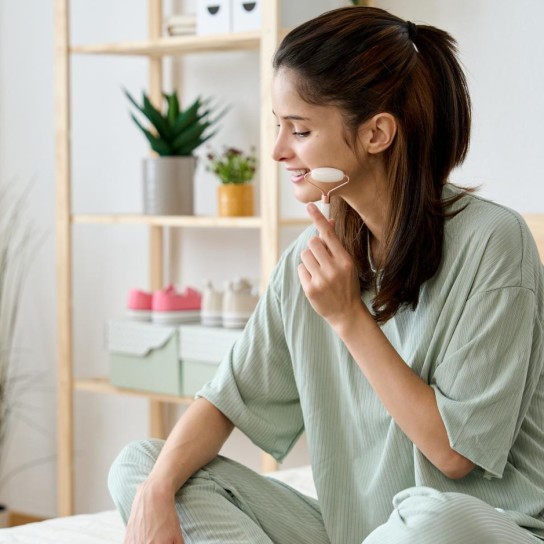 side view of a young woman enjoying a jade roller facial massage while sitting up in bed in the morning on her skin care routine.
GettyImages-1498489955.jpg
