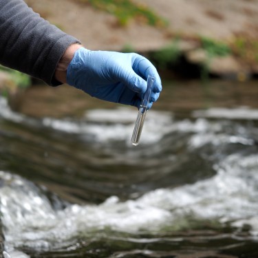 Water sample. Gloved hand into the water collecting tube.